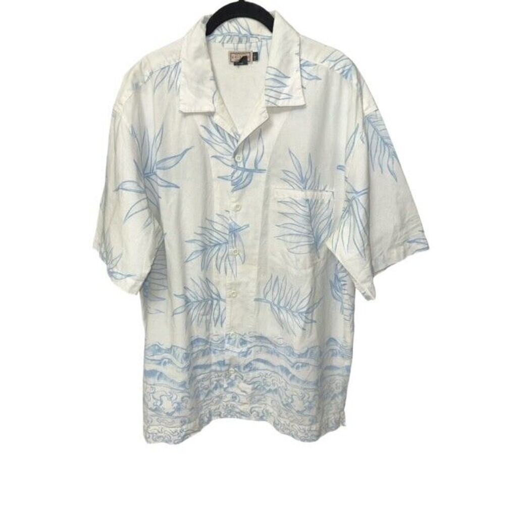 Arizona Shirt Men's Large White Blue Cotton Hawaiian Tropical Beach Short Sleeve
